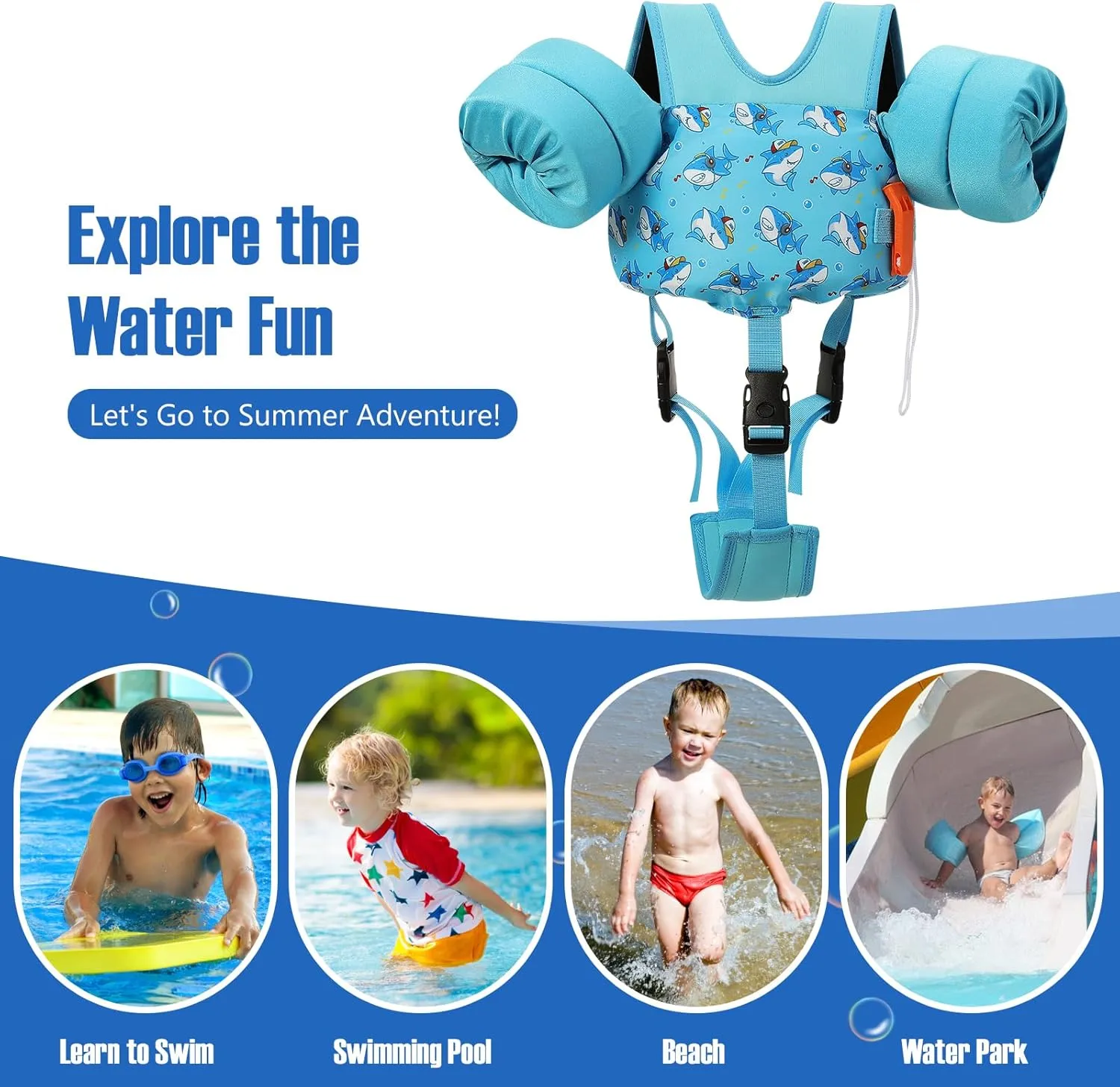 MoKo Toddler Swim Vest for Kids, 20-66 lbs, Arm Floaties with Adjustable Straps, Nylon Material, Swim Vest for Toddlers Learning to Swim