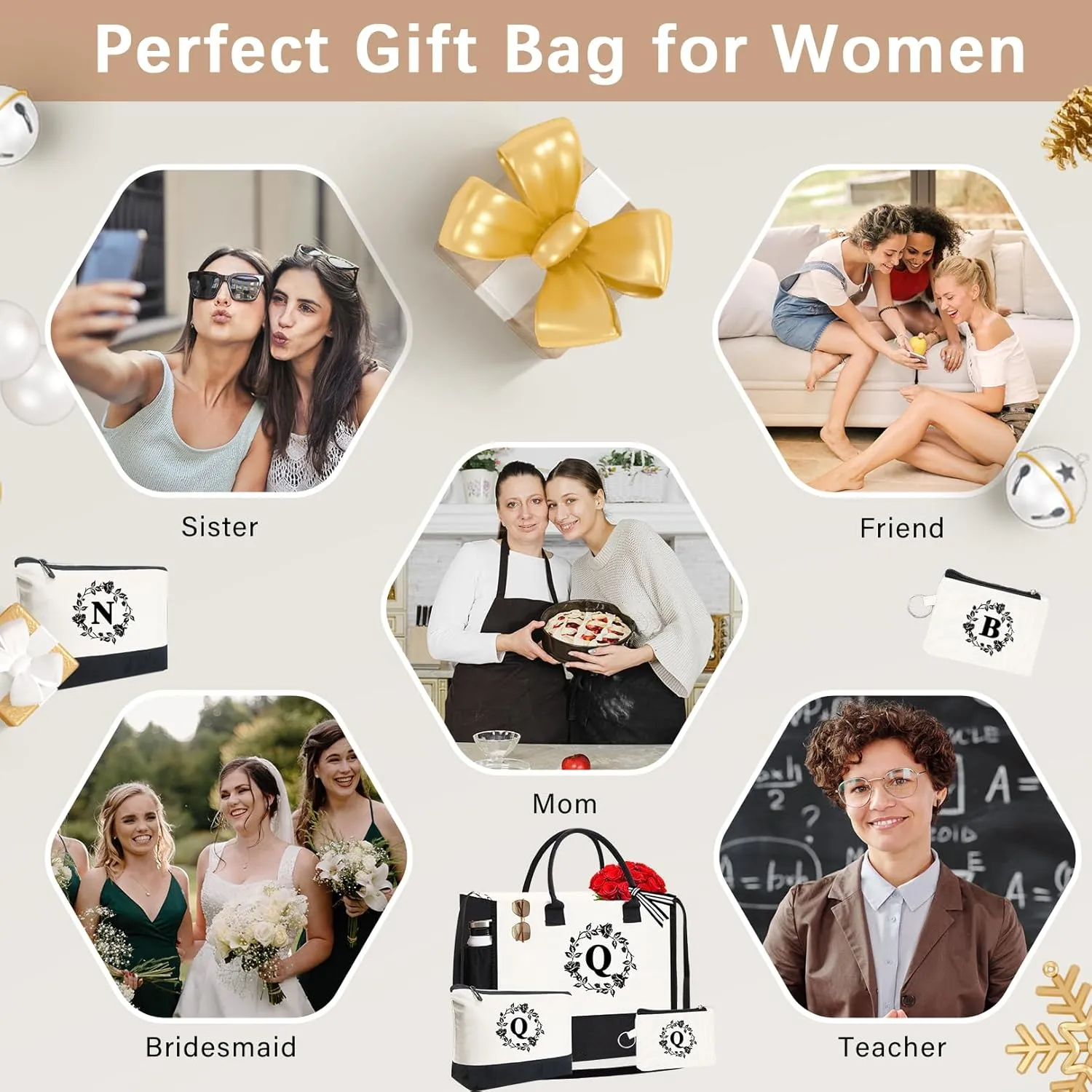 Monogram Personalized Initial Canvas Tote Bags for Women, Double-sided Embroidery Tote Beach Bags Gifts for Women