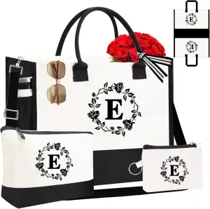 Monogram Personalized Initial Canvas Tote Bags for Women, Double-sided Embroidery Tote Beach Bags Gifts for Women