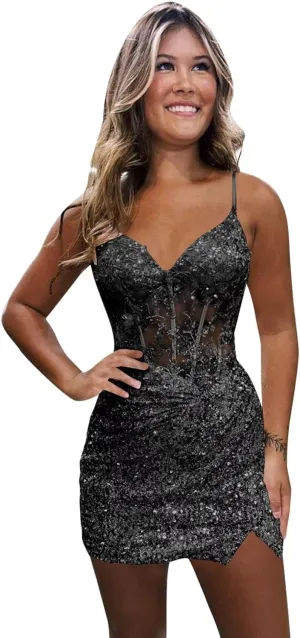 Monvelli Appliques Sparkly Sequin Homecoming Dresses 2025 for Teens Short Bodycon Prom Cocktail Party Gowns