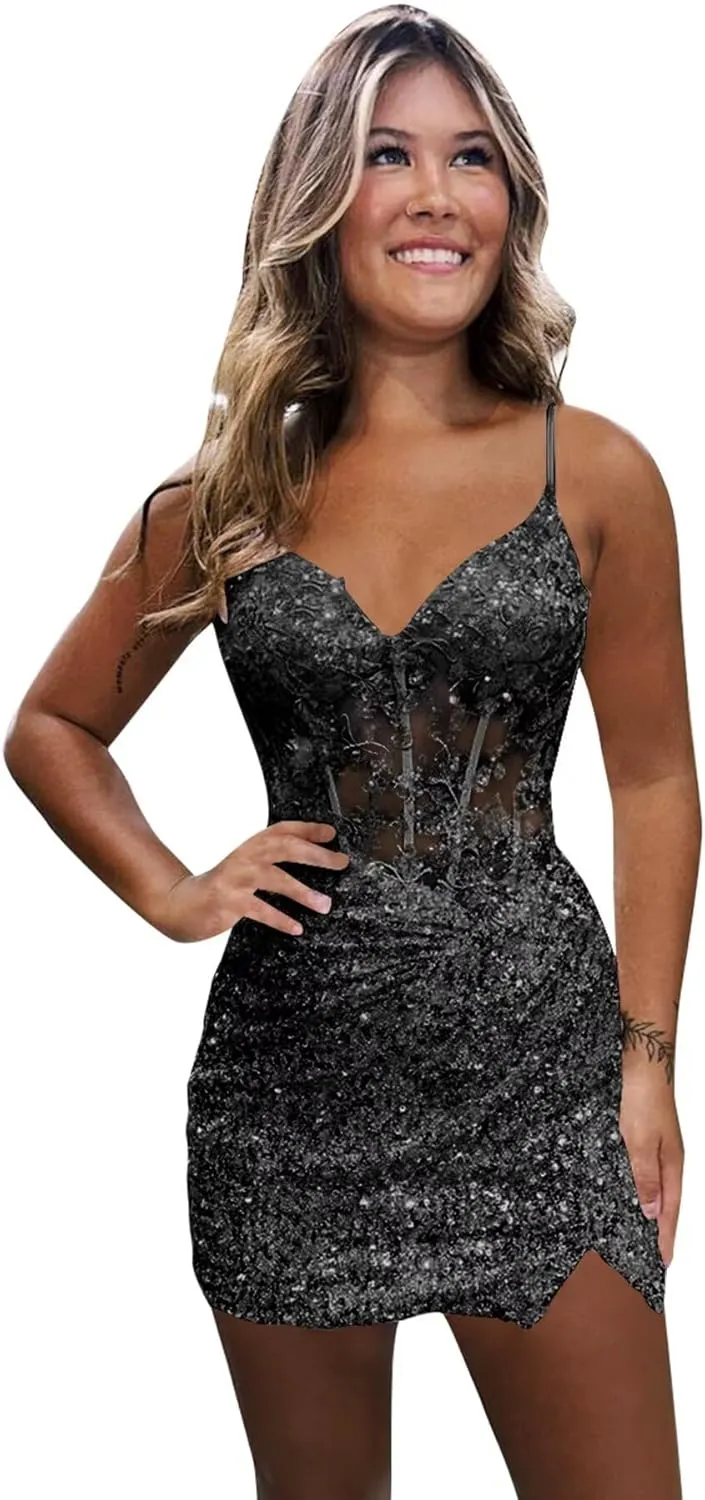 Monvelli Appliques Sparkly Sequin Homecoming Dresses 2025 for Teens Short Bodycon Prom Cocktail Party Gowns