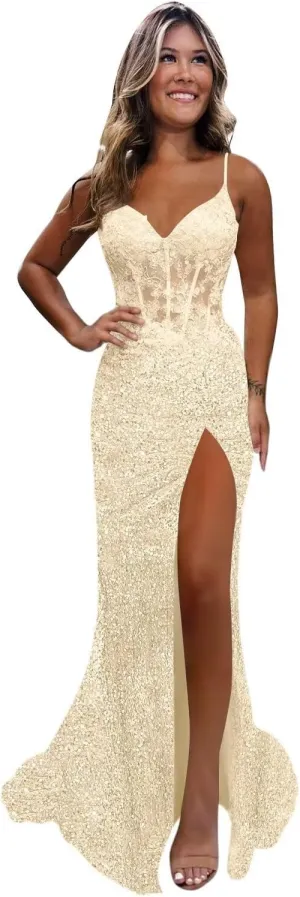 Monvelli Appliques Sparkly Sequin Prom Dress Long Ball Gown 2025 Mermaid V Neck Formal Evening Dress with Slit