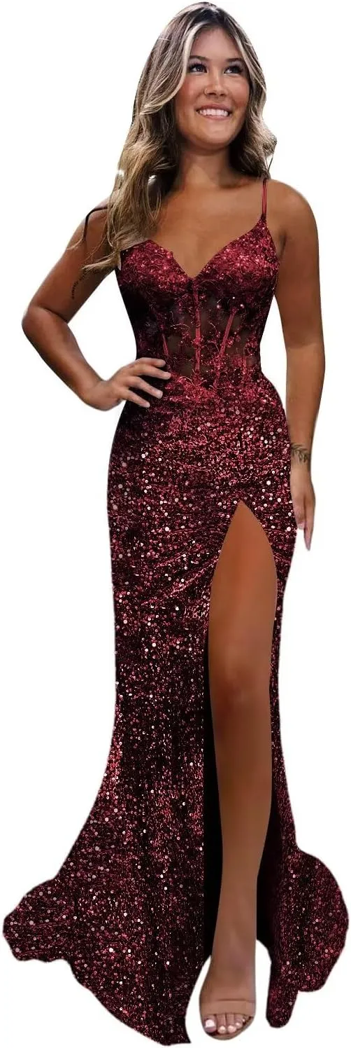 Monvelli Appliques Sparkly Sequin Prom Dress Long Ball Gown 2025 Mermaid V Neck Formal Evening Dress with Slit