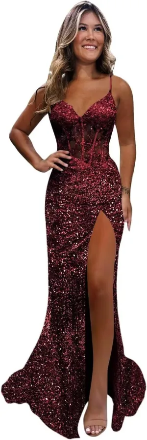 Monvelli Appliques Sparkly Sequin Prom Dress Long Ball Gown 2025 Mermaid V Neck Formal Evening Dress with Slit