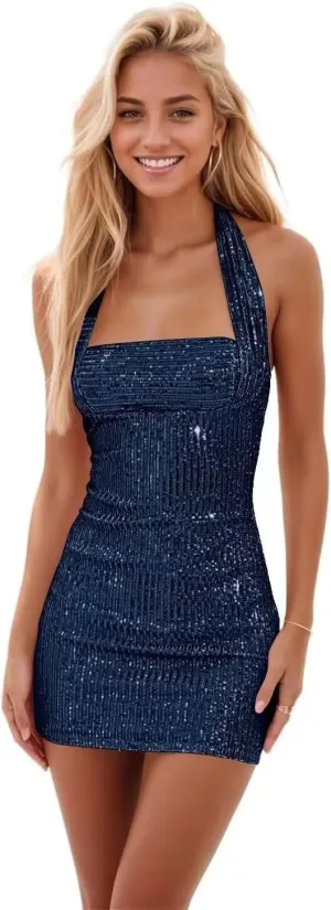 Monvelli Halter Sparkly Sequin Homecoming Dresses 2025 for Teens Short Tight Prom Cocktail Ball Gowns
