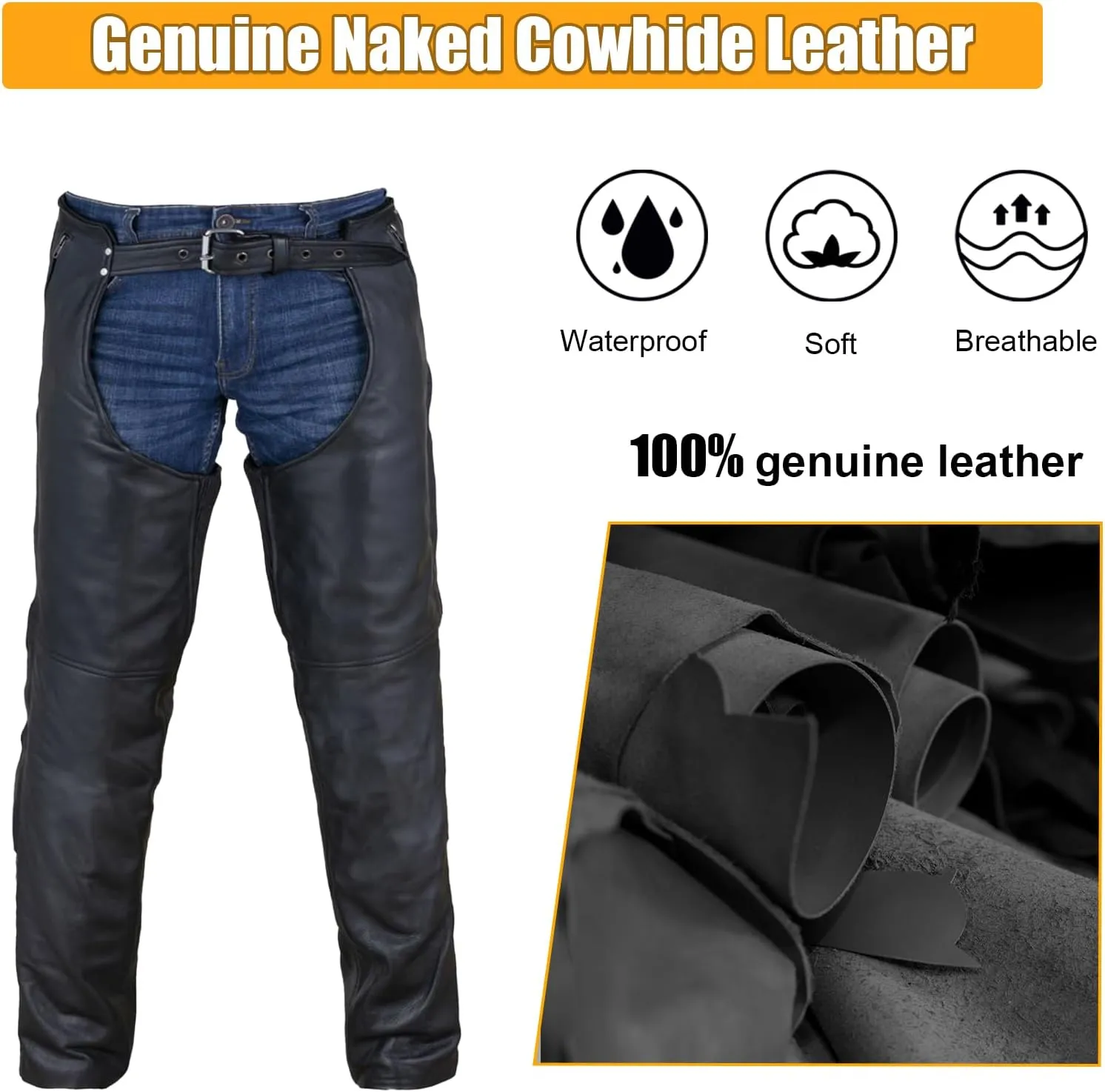 Motorcycle Leather Chaps for Men, Biker Riding Cowboy Chaps, Black Multi-Pocket Split Soft Leather Pants W/Zipout liner