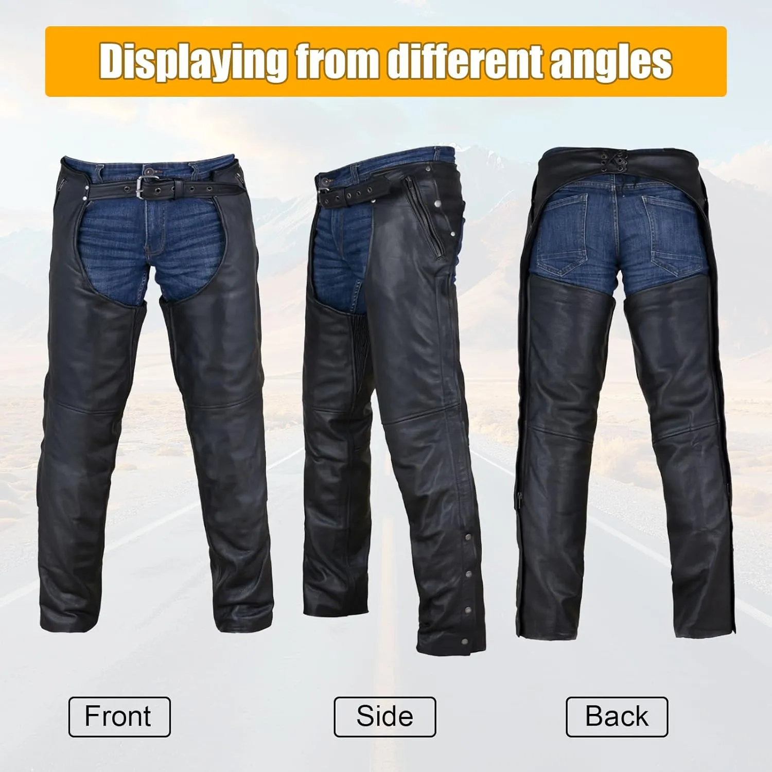 Motorcycle Leather Chaps for Men, Biker Riding Cowboy Chaps, Black Multi-Pocket Split Soft Leather Pants W/Zipout liner