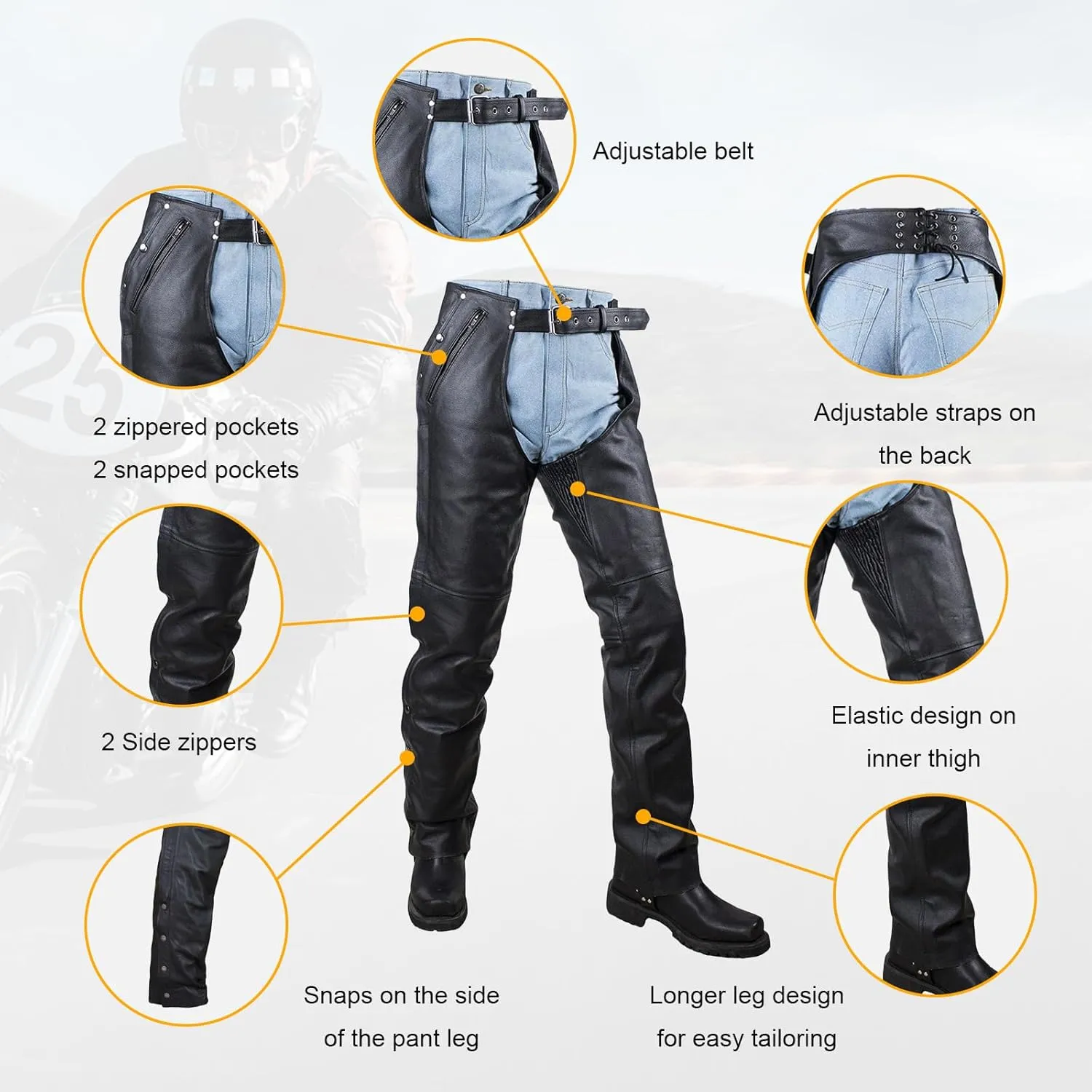 Motorcycle Leather Chaps for Men, Biker Riding Cowboy Chaps, Black Multi-Pocket Split Soft Leather Pants W/Zipout liner