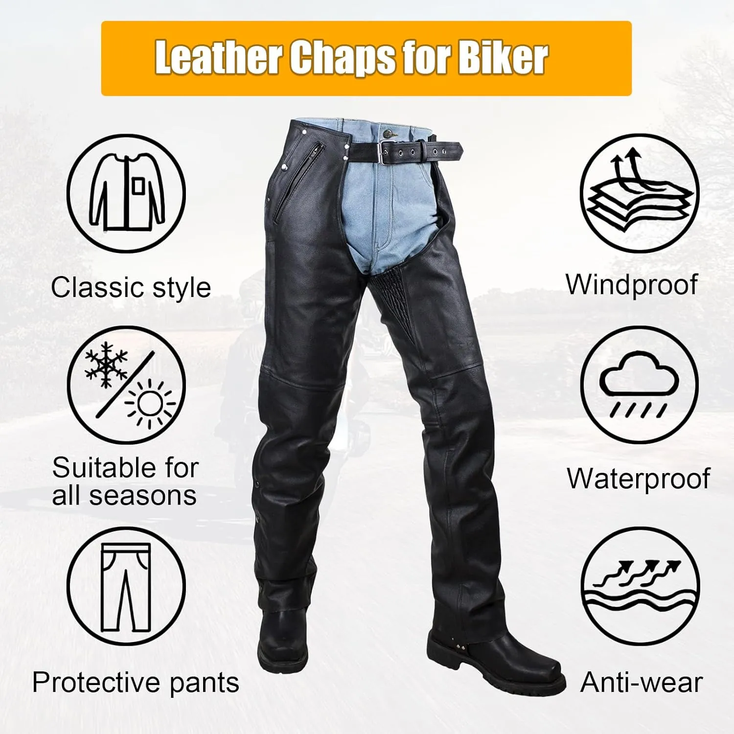 Motorcycle Leather Chaps for Men, Biker Riding Cowboy Chaps, Black Multi-Pocket Split Soft Leather Pants W/Zipout liner