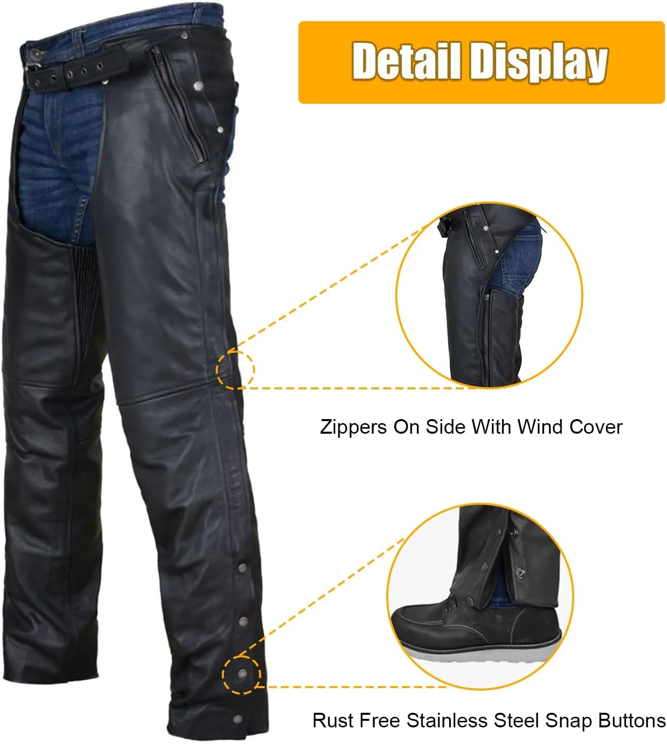 Motorcycle Leather Chaps for Men, Biker Riding Cowboy Chaps, Black Multi-Pocket Split Soft Leather Pants W/Zipout liner
