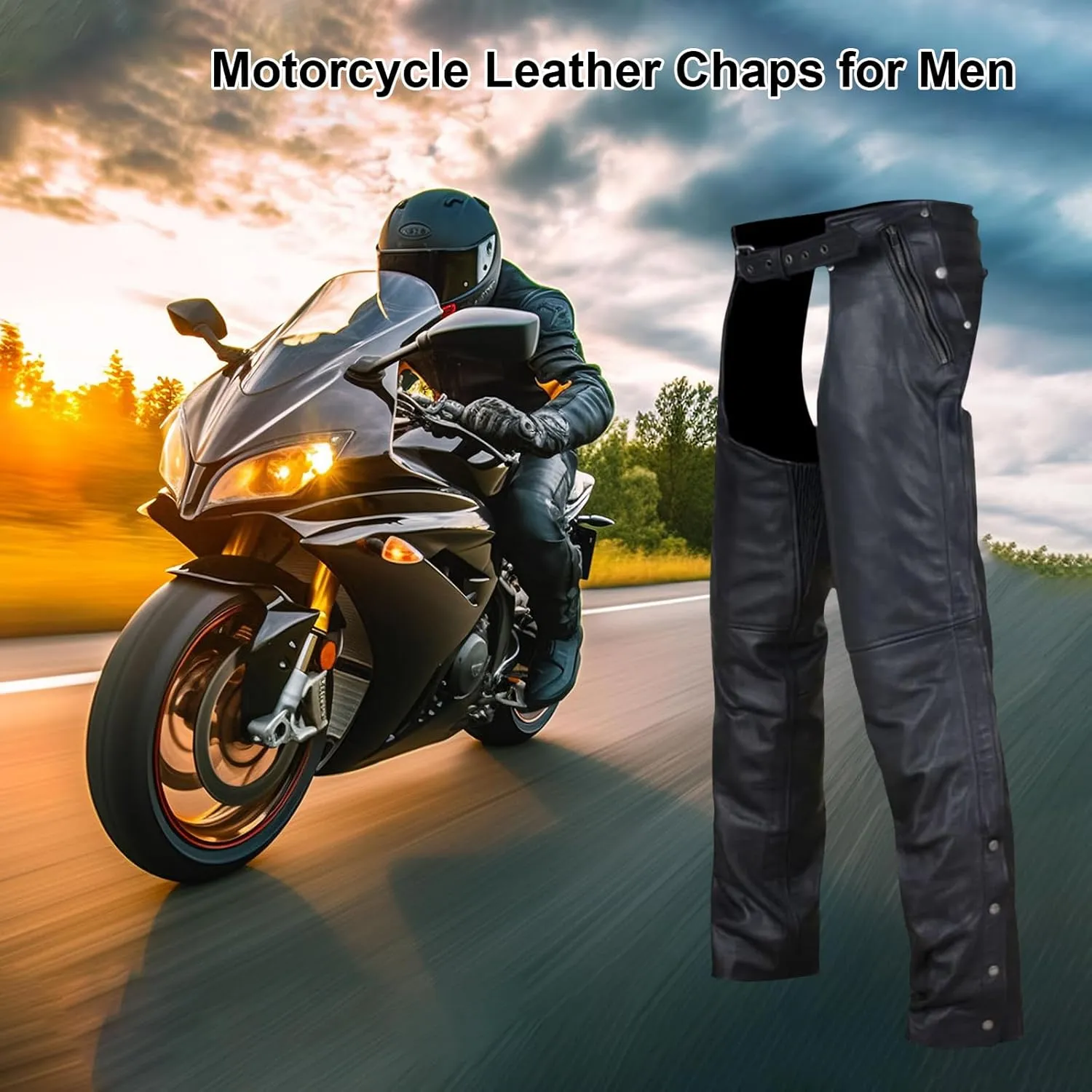 Motorcycle Leather Chaps for Men, Biker Riding Cowboy Chaps, Black Multi-Pocket Split Soft Leather Pants W/Zipout liner