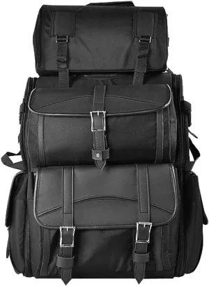 Motorcycle Sissy Bar Bag - Weather Proof Black Motorcycle Luggage Bag with Multiple Storage Compartments, Adjustable Mounting Rig, Removable Rain Cover