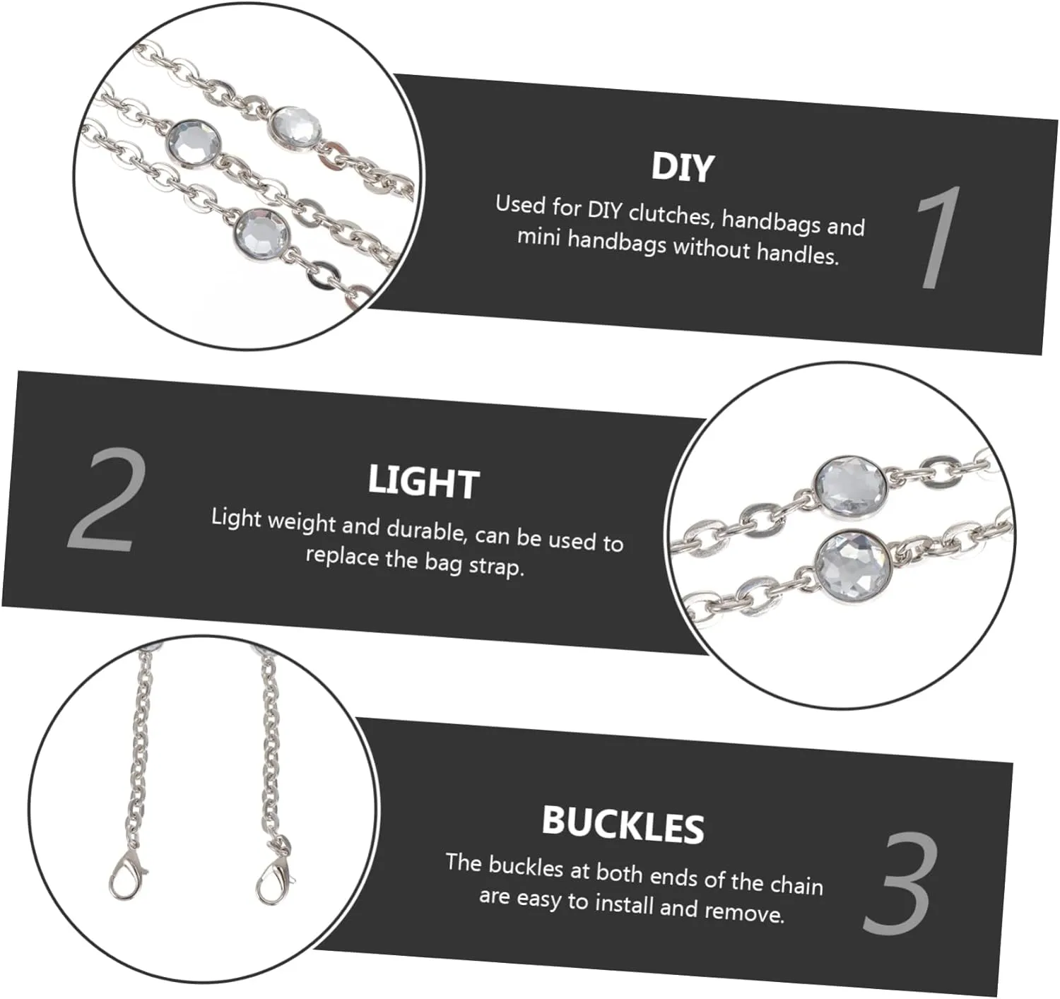 MUELODSIC 2pcs Stylish Crystal Bag Chain Detachable Shoulder Strap for Handbags DIY Purse Chain Lightweight Replacement for Clutches and Shoulder Bags Versatile Accessory for Fashionable