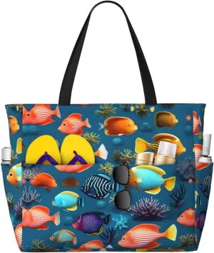Multi-pocket large capacitySubmarine reef fish printed beach travel bag can be carried by hand or on the shoulder