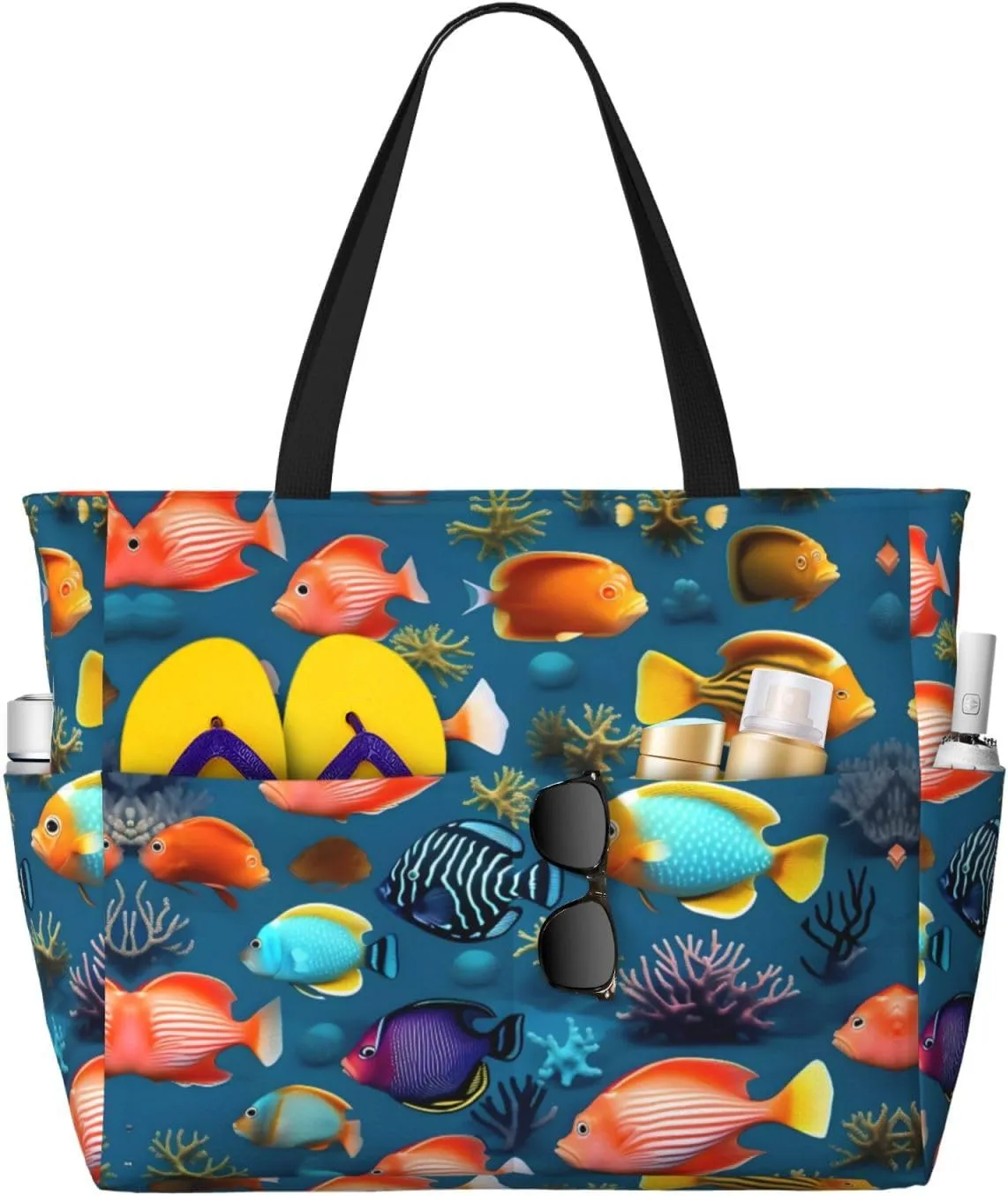 Multi-pocket large capacitySubmarine reef fish printed beach travel bag can be carried by hand or on the shoulder