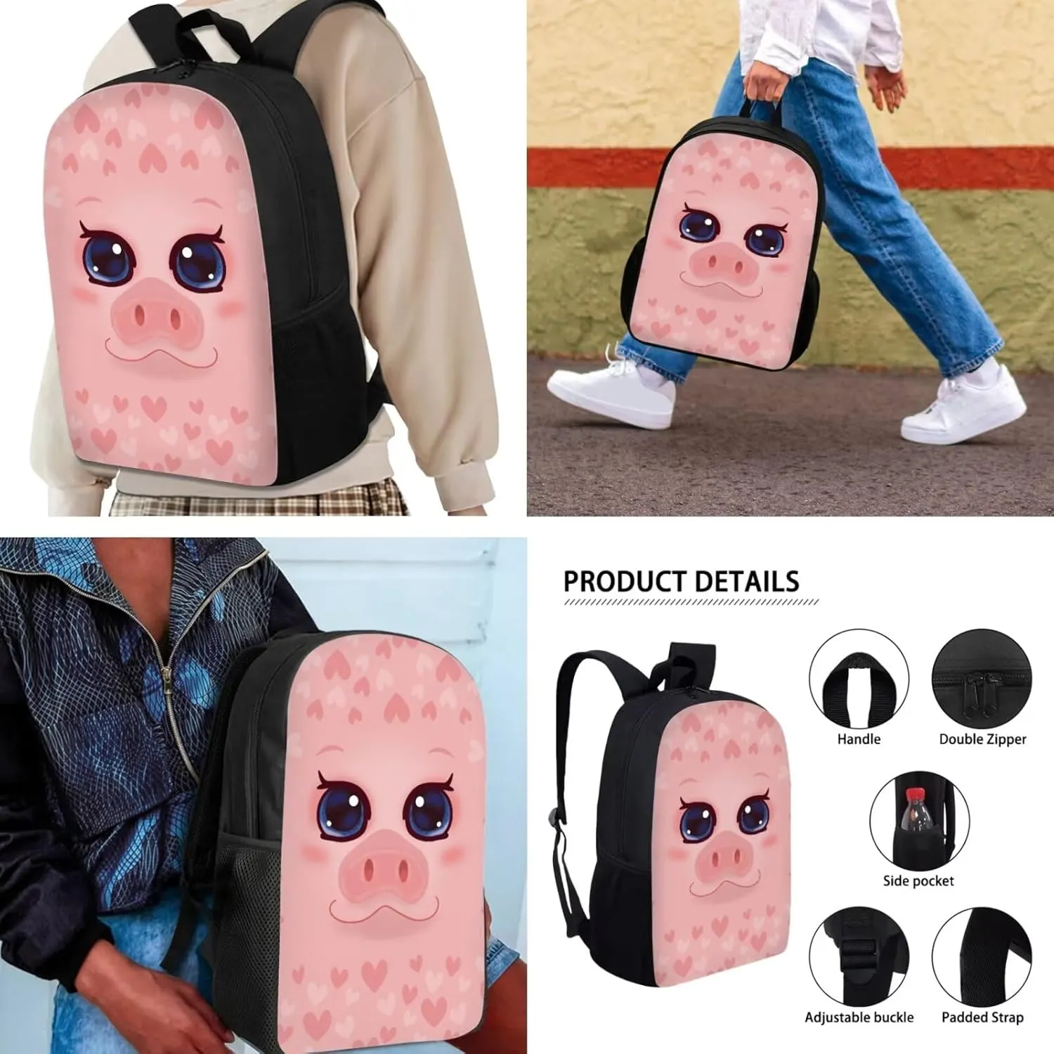 Mumeson Cartoon Pig Pattern Backpack School Bag Lightweight School Bags Soft Backing Daypack Lightweight Lunch Bags Portable Pencil Case Include Back to School Supplies
