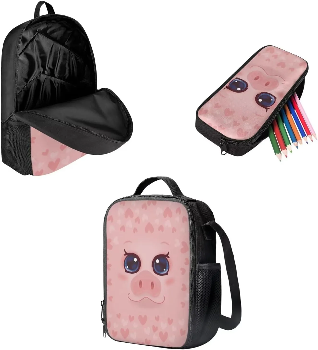 Mumeson Cartoon Pig Pattern Backpack School Bag Lightweight School Bags Soft Backing Daypack Lightweight Lunch Bags Portable Pencil Case Include Back to School Supplies
