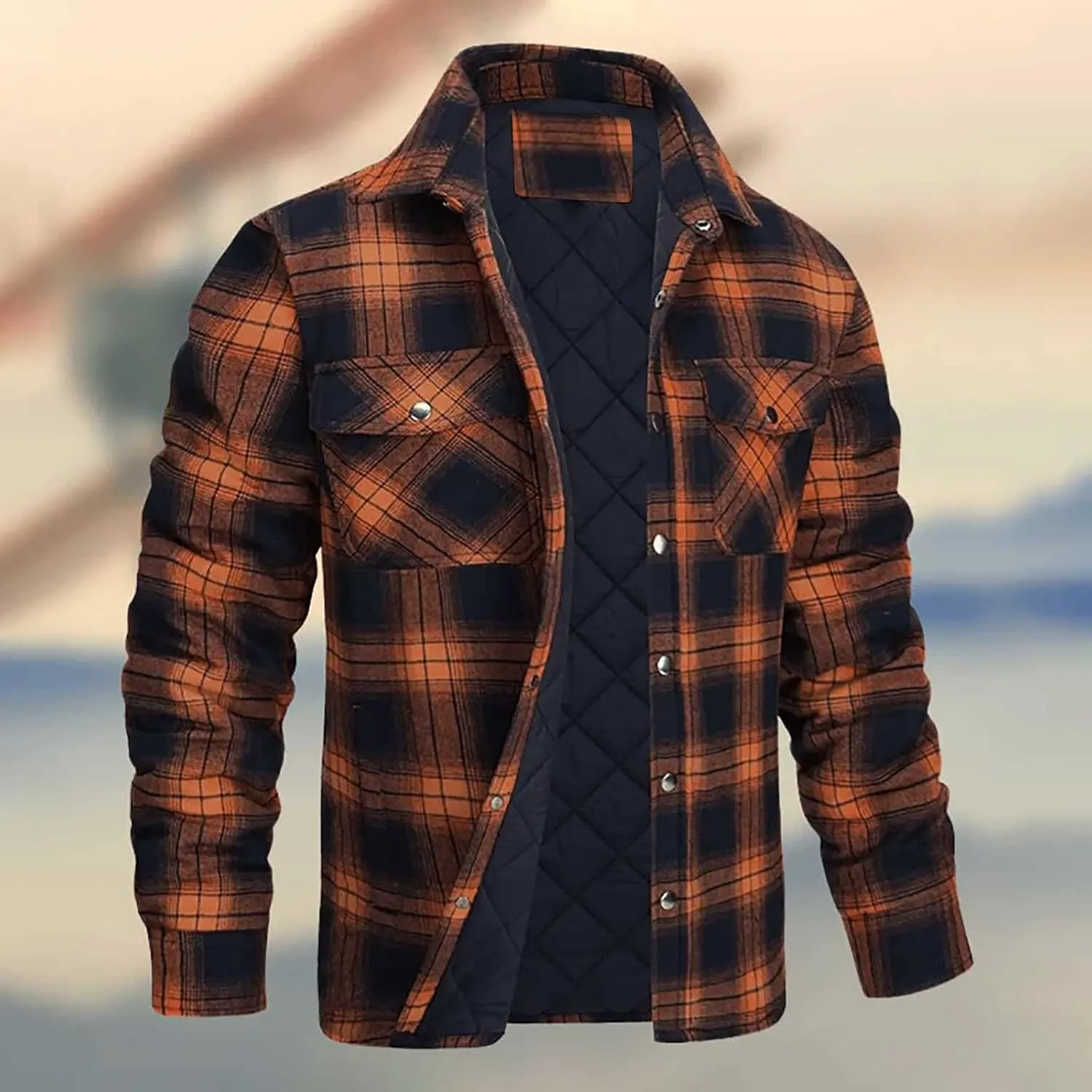 Muscularfit Plaid Jacket Coats for Men Causal Fashion Fleece Lined Button Down Sweaters Warm Lattice Turn-Down Collar Jacket