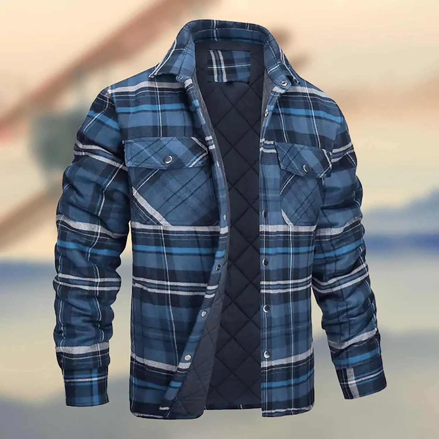 Muscularfit Plaid Jacket Coats for Men Causal Fashion Fleece Lined Button Down Sweaters Warm Lattice Turn-Down Collar Jacket