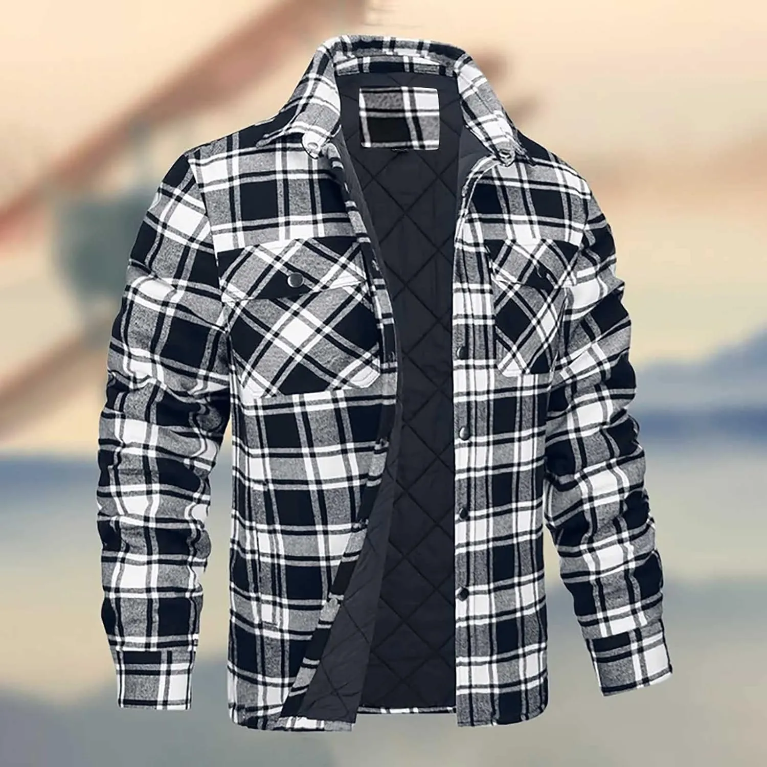 Muscularfit Plaid Jacket Coats for Men Causal Fashion Fleece Lined Button Down Sweaters Warm Lattice Turn-Down Collar Jacket