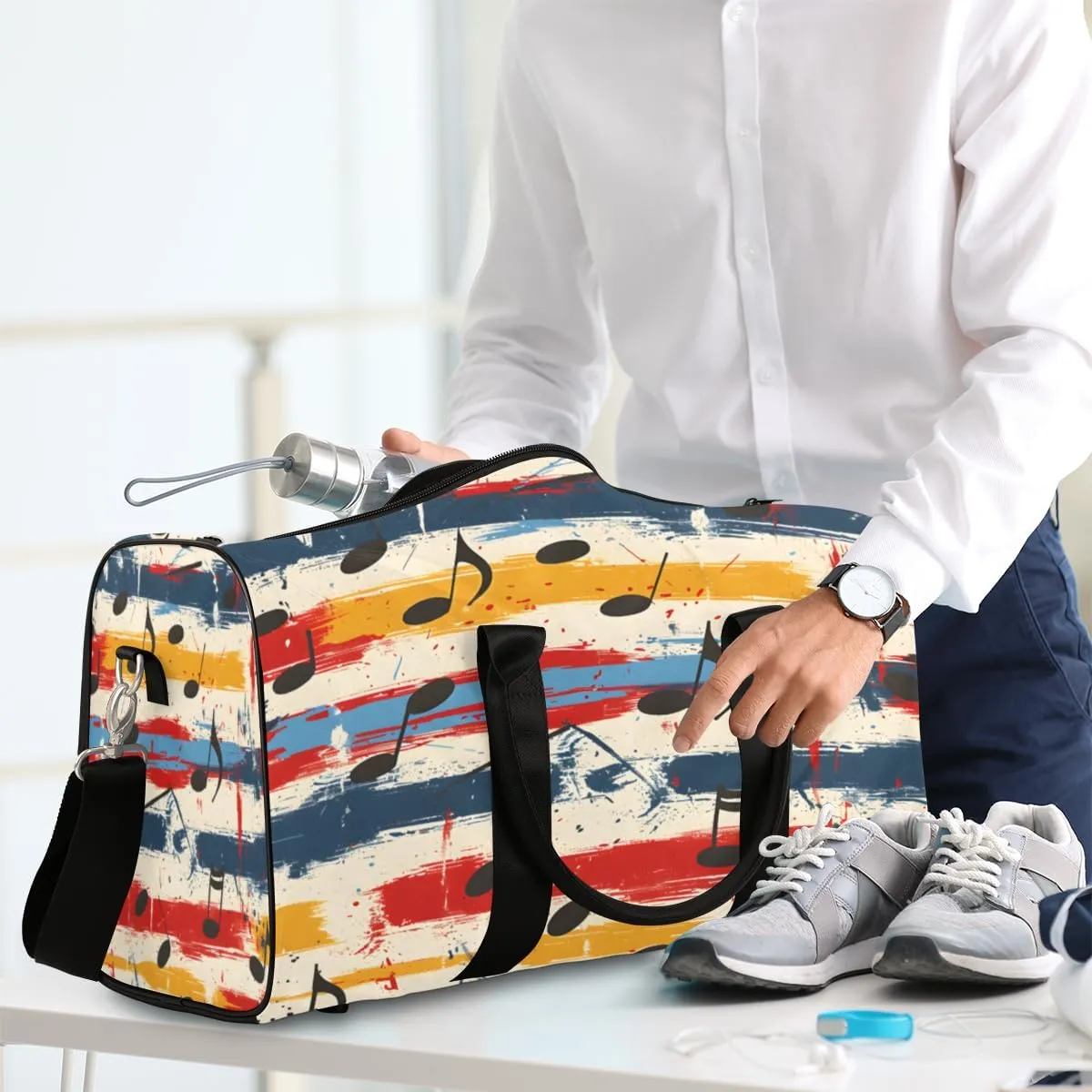 Music Note Travel Duffle Bag, Sports Gym Bags for Women Men, Carry On Weekender Overnight Bag, Music Themed Workout Hospital Airplane Trips Bag