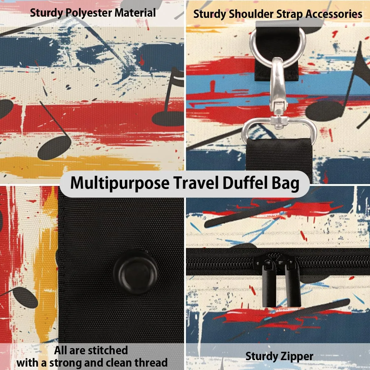 Music Note Travel Duffle Bag, Sports Gym Bags for Women Men, Carry On Weekender Overnight Bag, Music Themed Workout Hospital Airplane Trips Bag