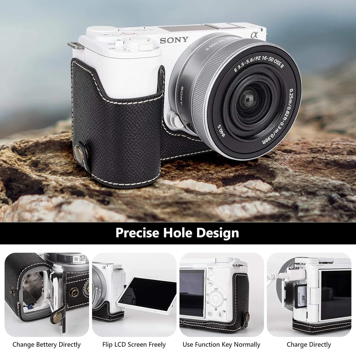 MUZIRI KINOKOO Camera Case for Sony ZV-E10 II, PU Leather Protective Case for Sony Alpha ZV-E10 II/ZVE10 II Camera with 16-50mm Lens - Removable Case with Shoulder Strap & Storage Pocket - Black