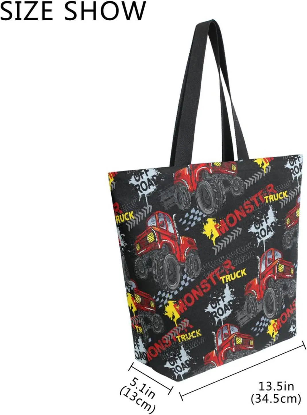 Naanle Canvas Tote Bag Large Women Casual Shoulder Bag Handbag Monster Trucks Canvas Tote Bag Reusable Grocery Shopping Cloth Bags Beach Bag for Womens