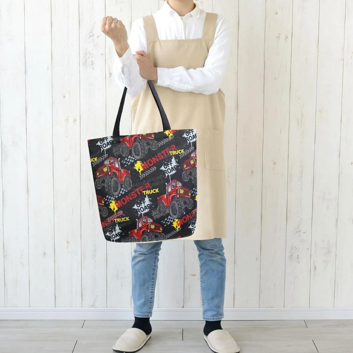 Naanle Canvas Tote Bag Large Women Casual Shoulder Bag Handbag Monster Trucks Canvas Tote Bag Reusable Grocery Shopping Cloth Bags Beach Bag for Womens