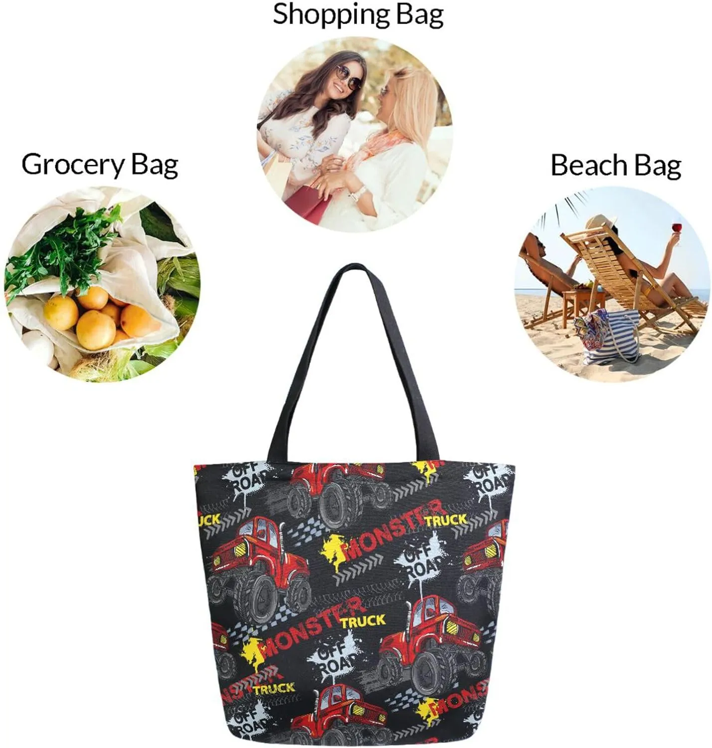 Naanle Canvas Tote Bag Large Women Casual Shoulder Bag Handbag Monster Trucks Canvas Tote Bag Reusable Grocery Shopping Cloth Bags Beach Bag for Womens