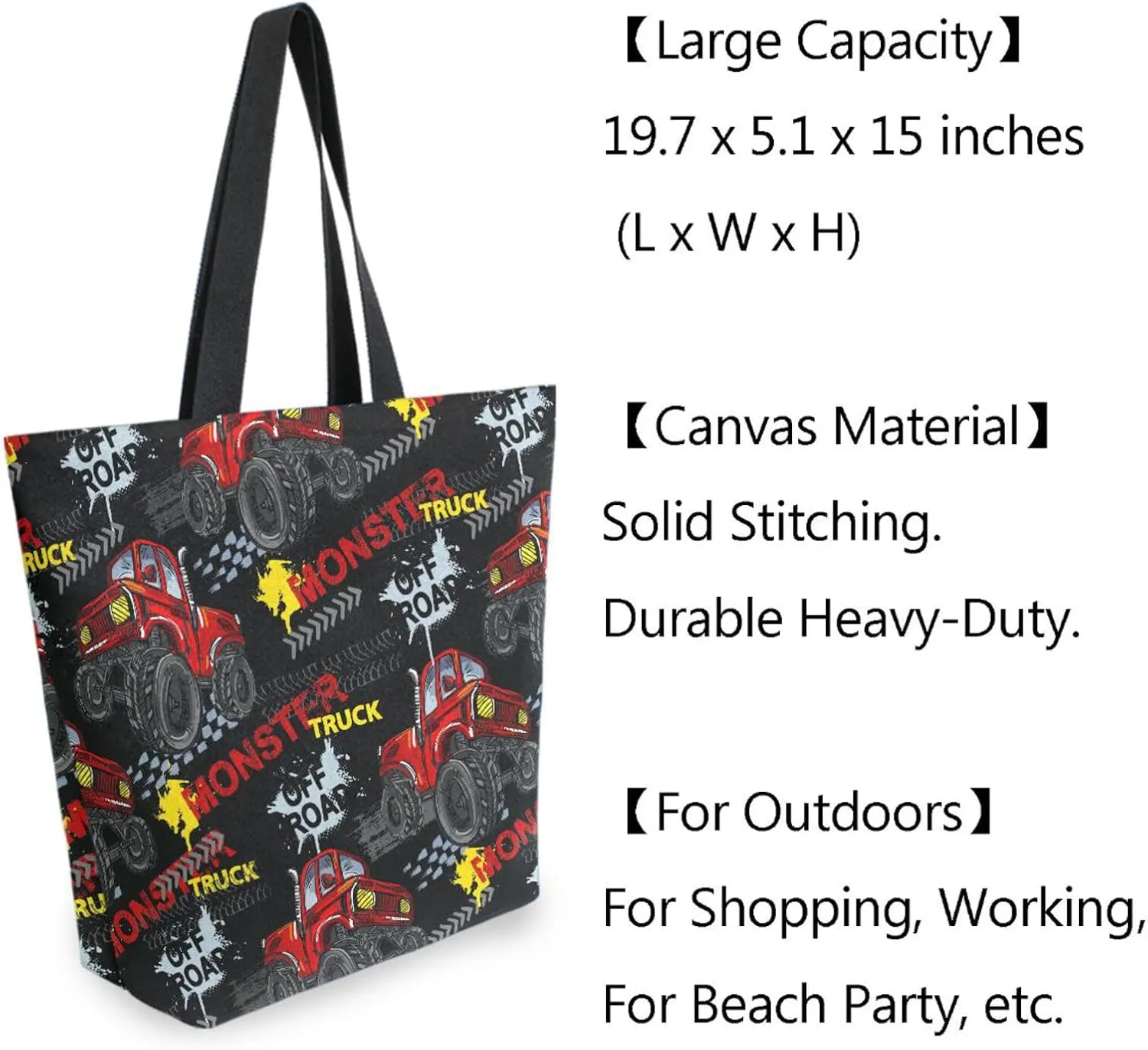 Naanle Canvas Tote Bag Large Women Casual Shoulder Bag Handbag Monster Trucks Canvas Tote Bag Reusable Grocery Shopping Cloth Bags Beach Bag for Womens