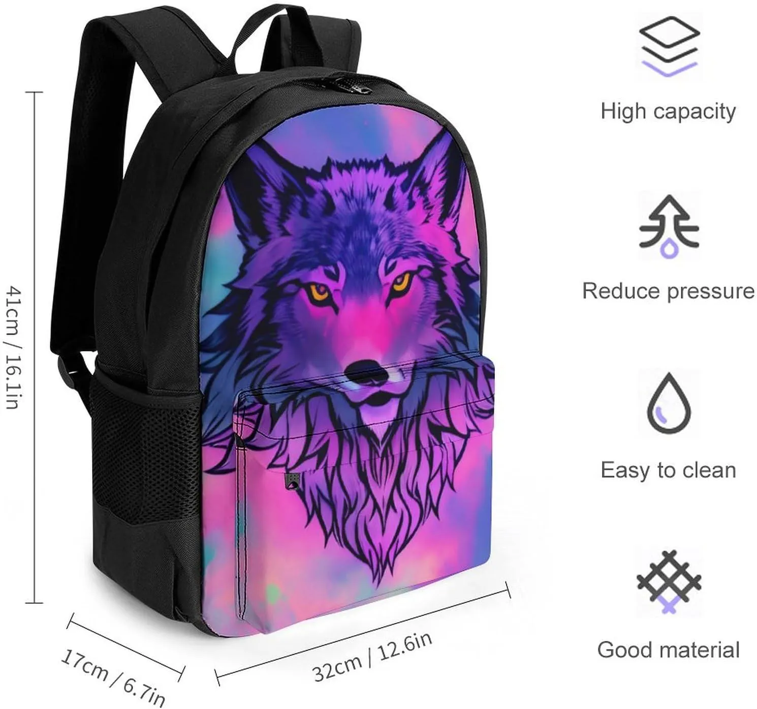Naive Wolf Head Pink Art Daypack Backpack Polyester Anti-Theft Multipurpose Bookbag Big Capacity Travel Hiking & Camping Rucksack With Smooth Zippers