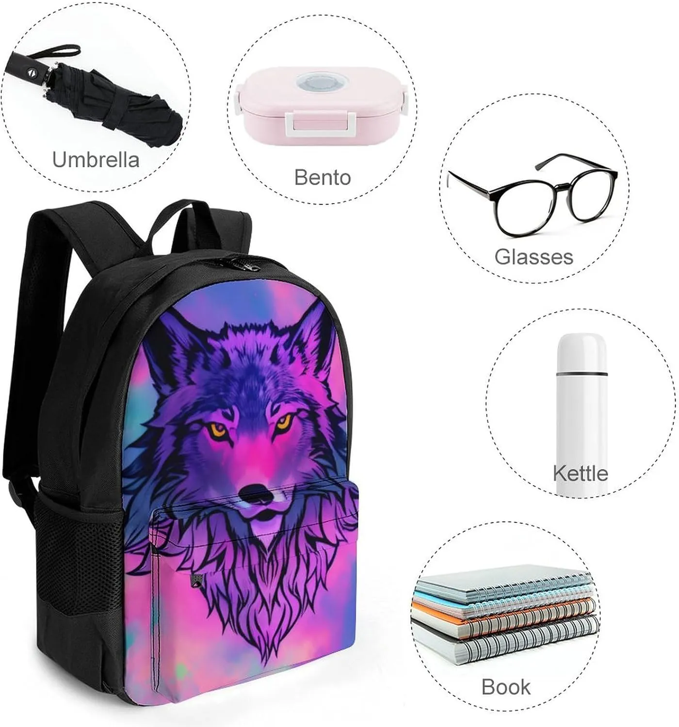 Naive Wolf Head Pink Art Daypack Backpack Polyester Anti-Theft Multipurpose Bookbag Big Capacity Travel Hiking & Camping Rucksack With Smooth Zippers