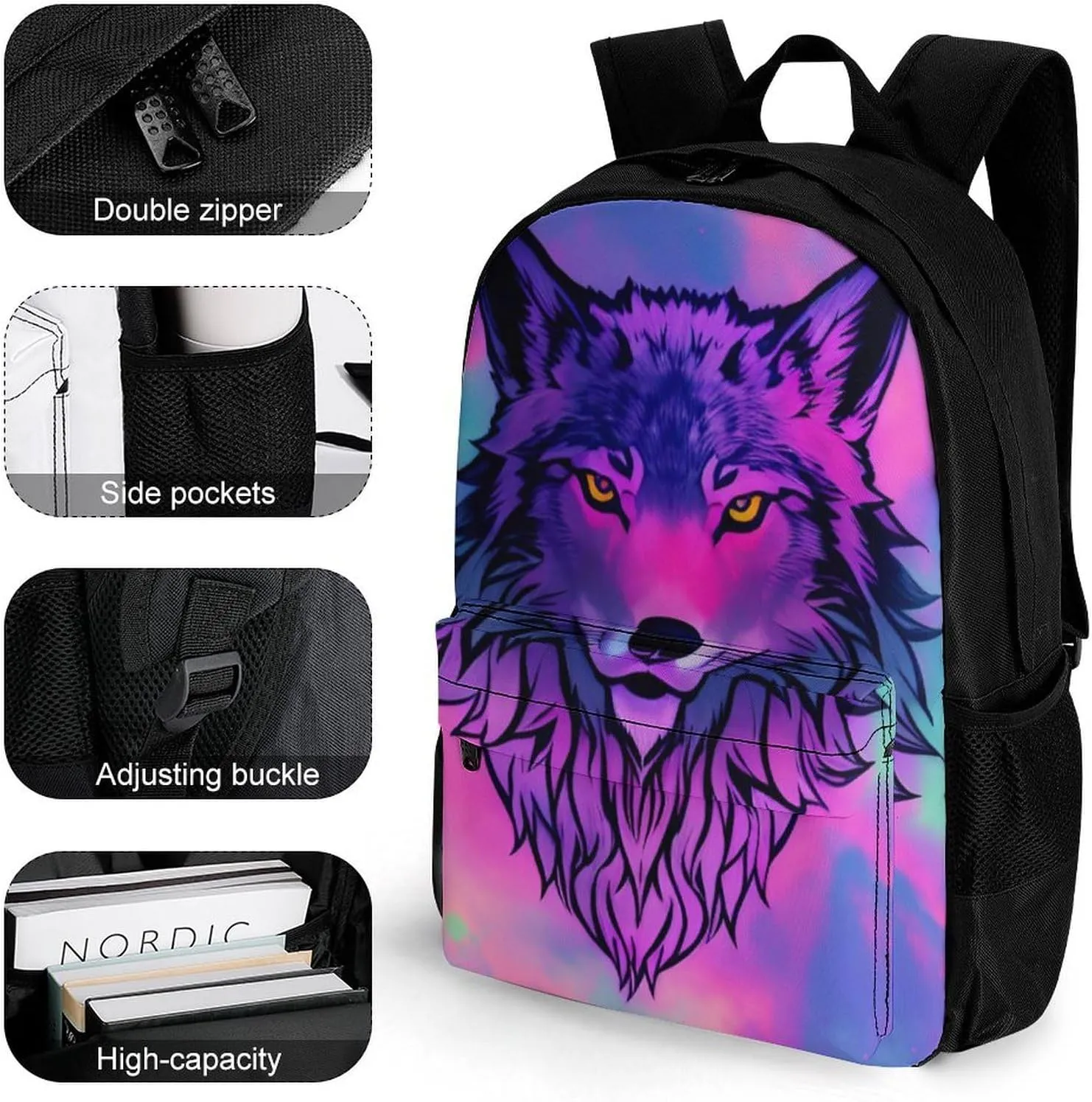 Naive Wolf Head Pink Art Daypack Backpack Polyester Anti-Theft Multipurpose Bookbag Big Capacity Travel Hiking & Camping Rucksack With Smooth Zippers