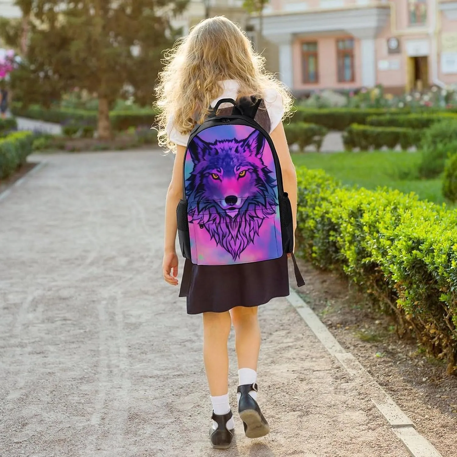 Naive Wolf Head Pink Art Daypack Backpack Polyester Anti-Theft Multipurpose Bookbag Big Capacity Travel Hiking & Camping Rucksack With Smooth Zippers