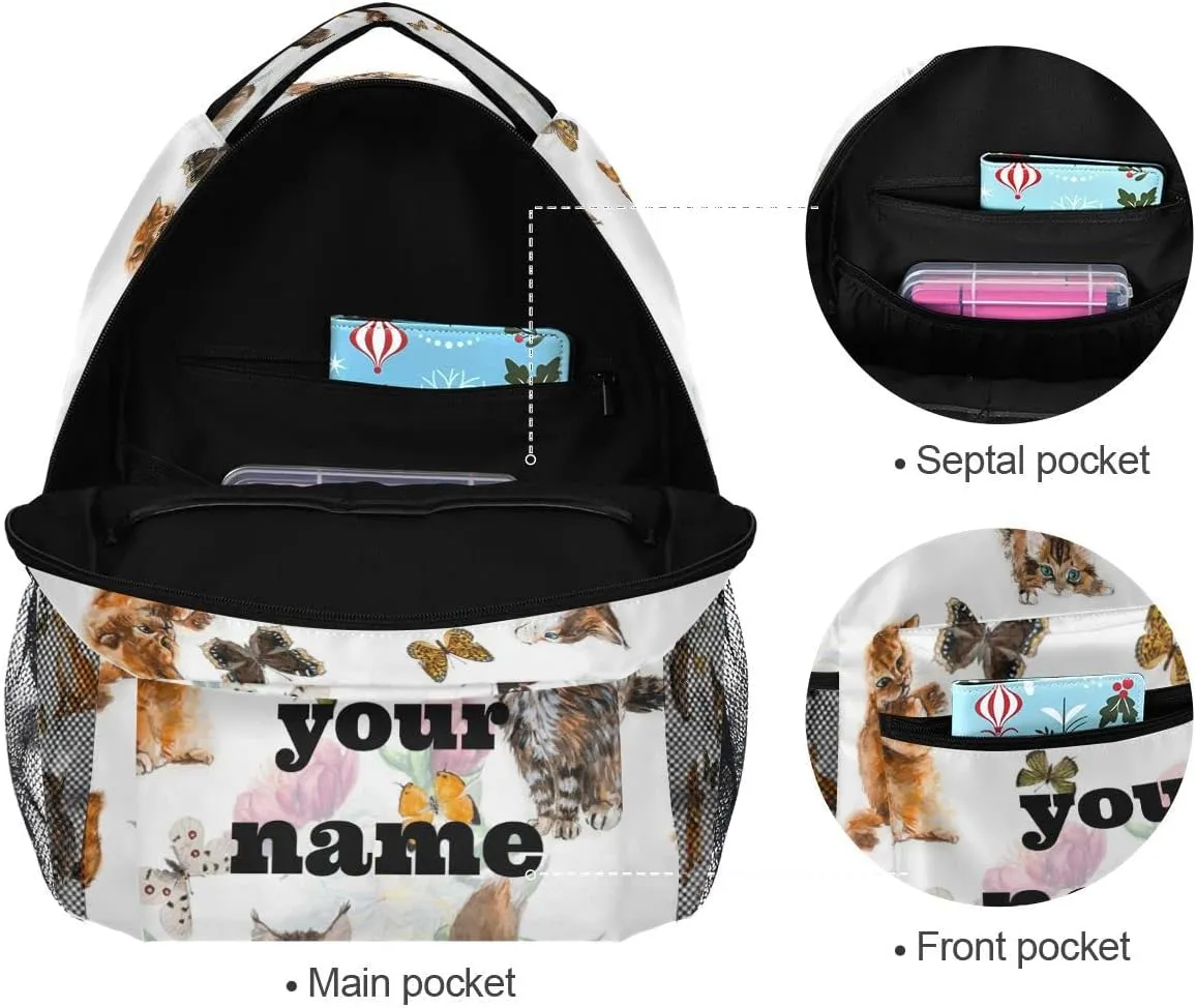 Nander Custom You Name Lovely Butterfly Cat Backpack,Casual Daypacks Outdoor Sports Rucksack School Shoulder Bag for Men Women Boys Girls-12x7.3x16.9in