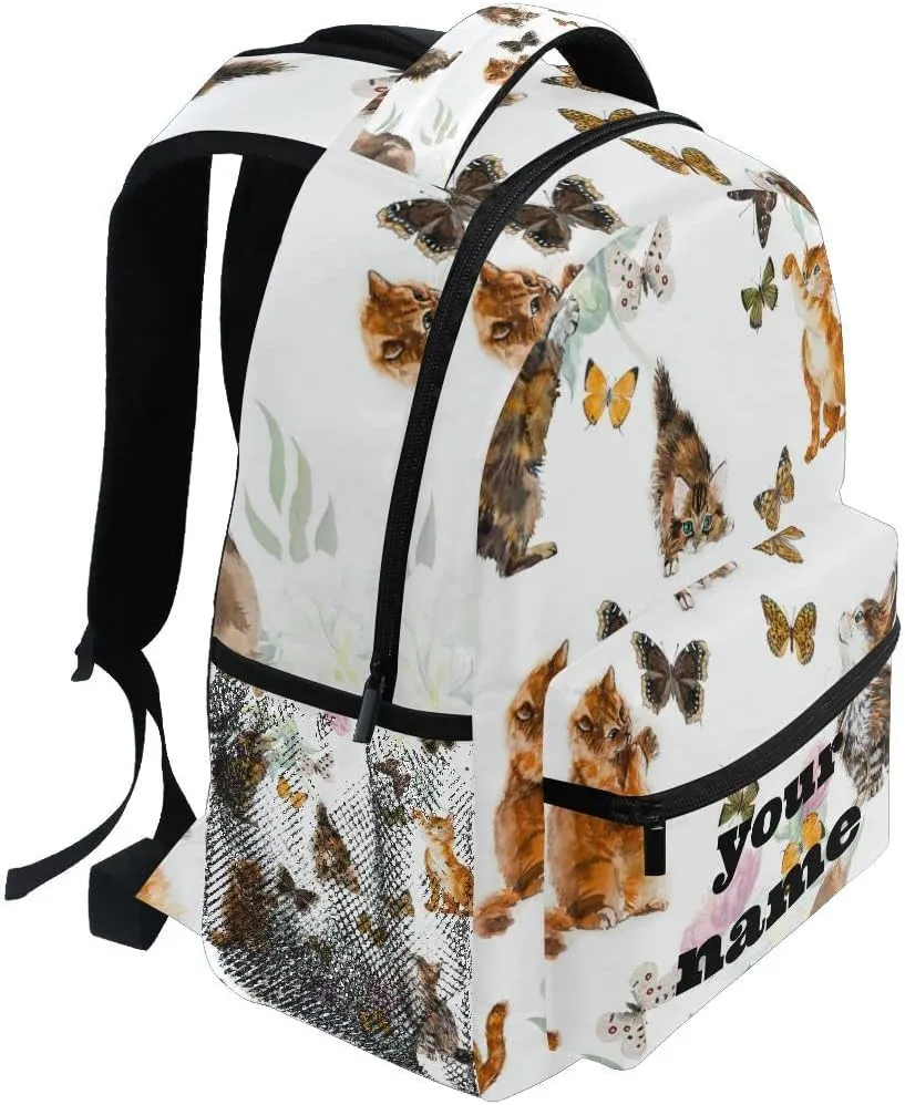 Nander Custom You Name Lovely Butterfly Cat Backpack,Casual Daypacks Outdoor Sports Rucksack School Shoulder Bag for Men Women Boys Girls-12x7.3x16.9in