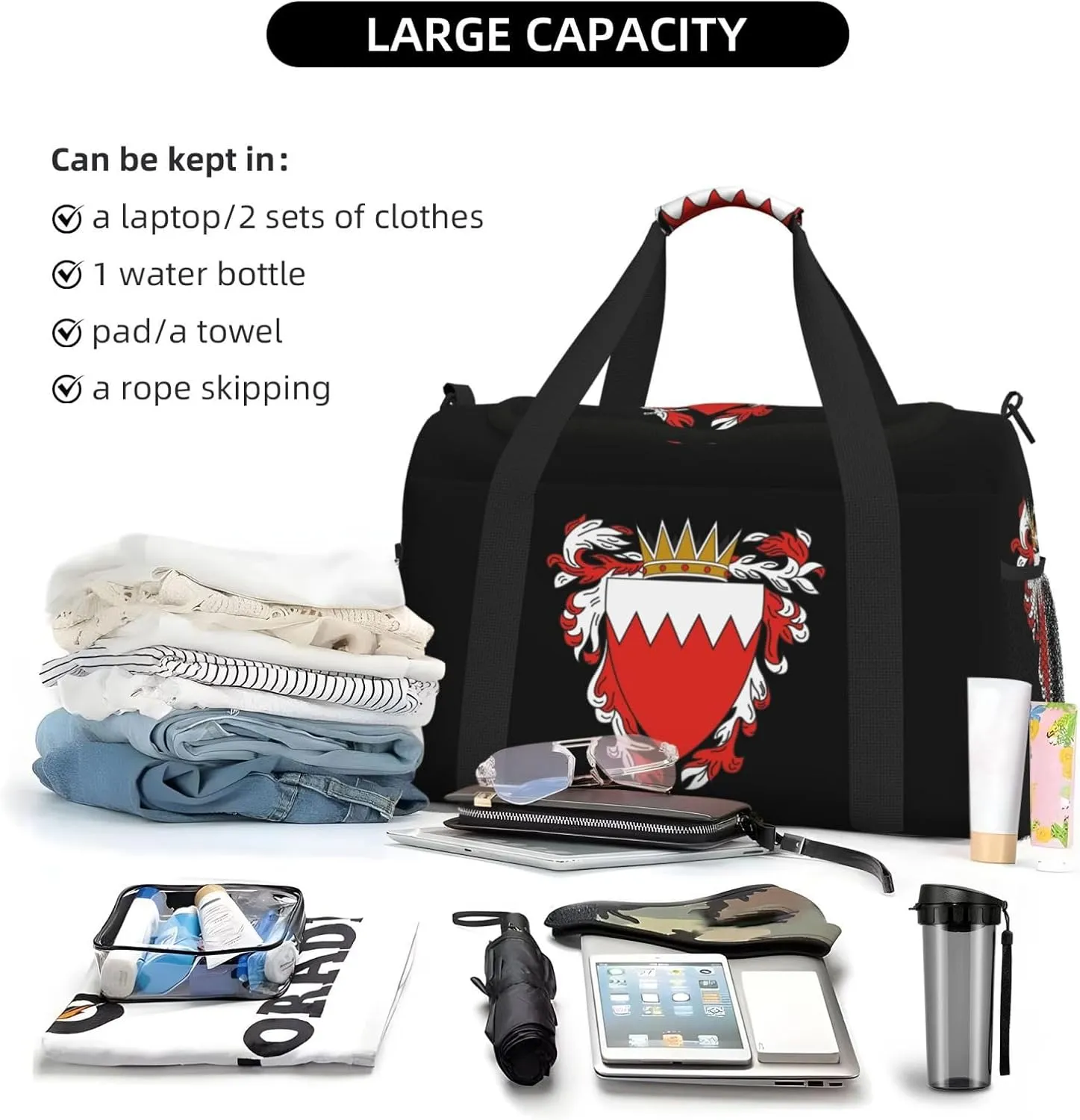 National Emblem Of Bahrain Travel Duffel Bag Large Foldable Waterproof Overnight Bag For Beach Swim Bags Pool Sports Gym