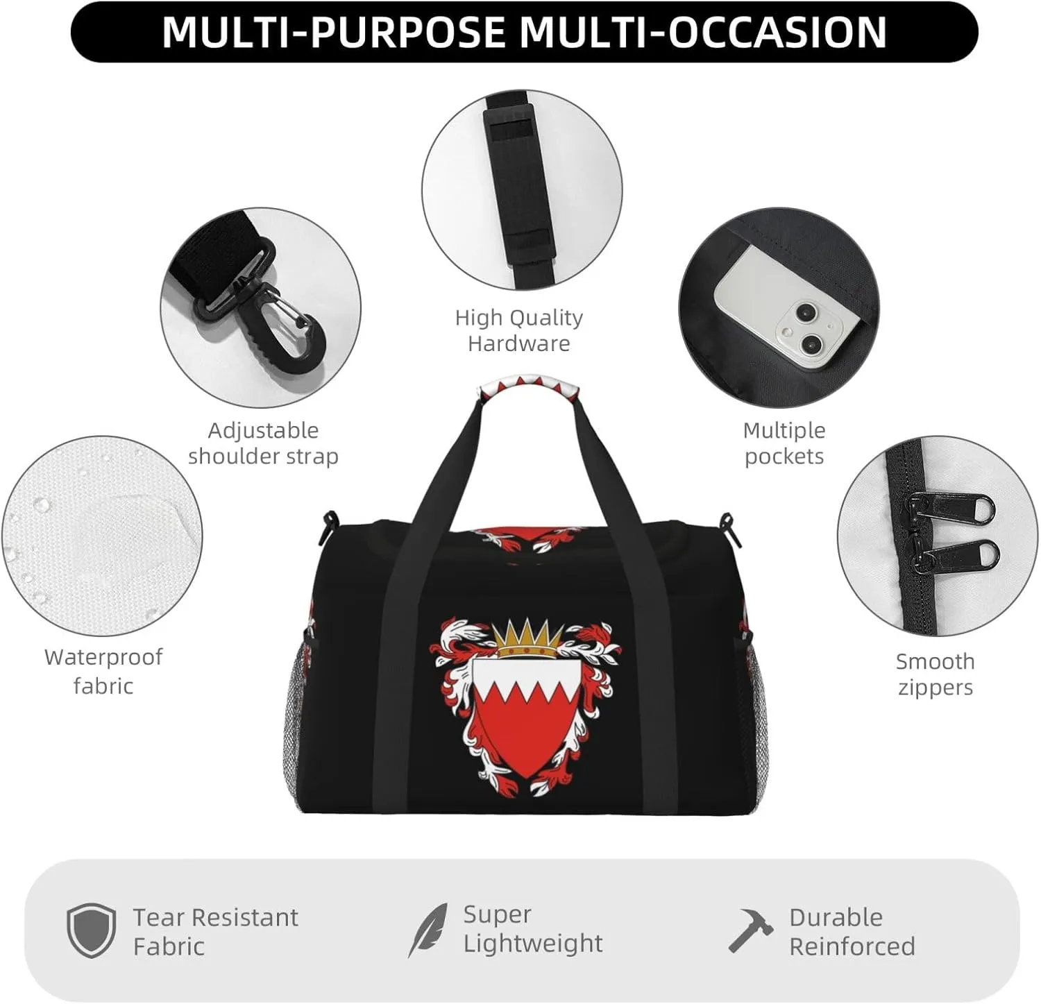 National Emblem Of Bahrain Travel Duffel Bag Large Foldable Waterproof Overnight Bag For Beach Swim Bags Pool Sports Gym