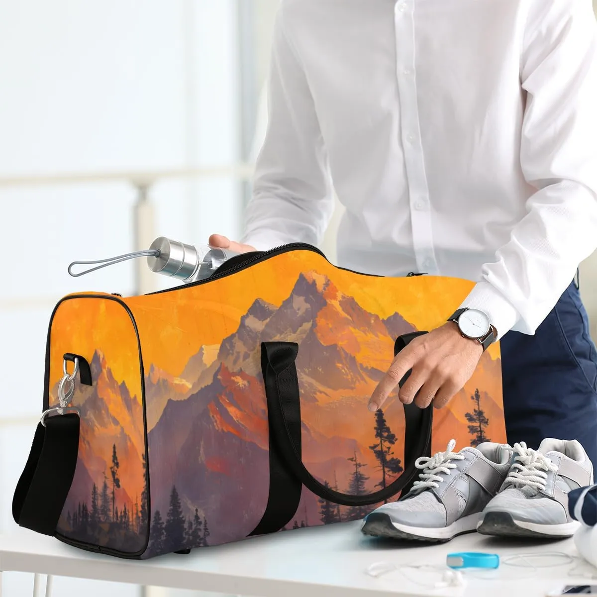 Nature Mountain Travel Duffle Bag for Women Men Gym Duffel Foldable Bag Waterproof Weekender Pine Tree Forest Duffle Tote