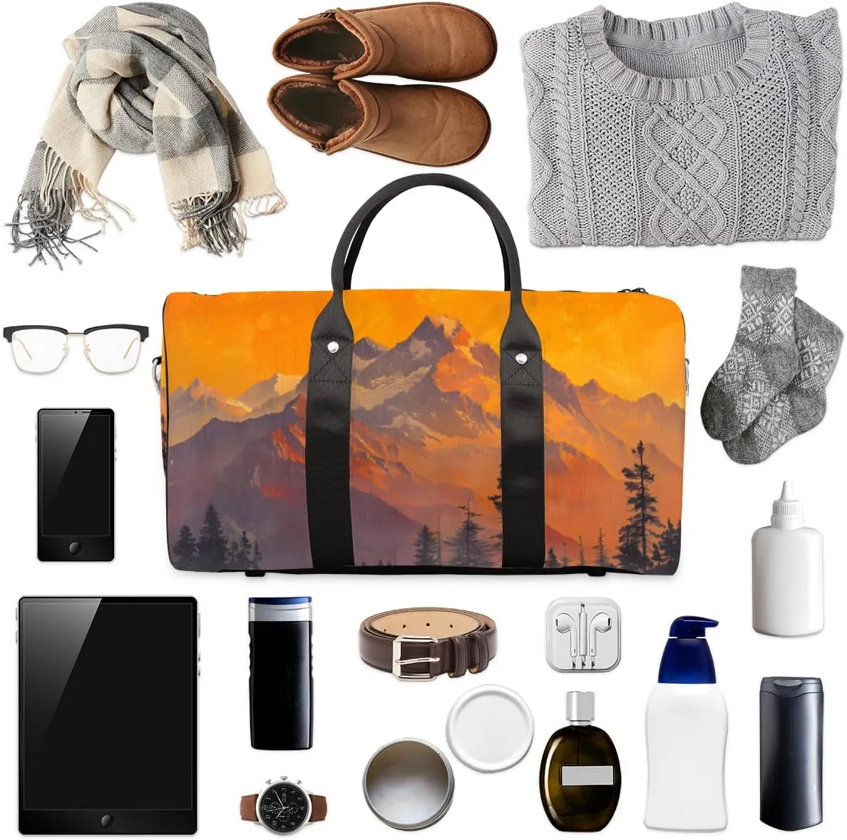 Nature Mountain Travel Duffle Bag for Women Men Gym Duffel Foldable Bag Waterproof Weekender Pine Tree Forest Duffle Tote