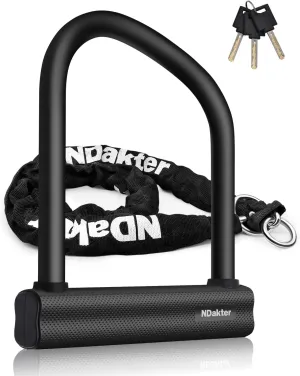 NDakter Bike Locks Heavy Duty Anti Theft 18mm Thick, Motorcycle U Lock with 4FT x 6mm Chain for Moped, 3Keys Large U-Shaped Electric Bicycle Wheel Lock for Ebike,Escooter, Fat-Tire Durt-Bike, Tribike