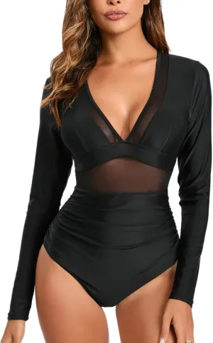 NESY Women's Long Sleeve Rash Guard Swimsuits One Piece Bathing Suit UV Protection Surfing Suit Zipper Printed Swimwear