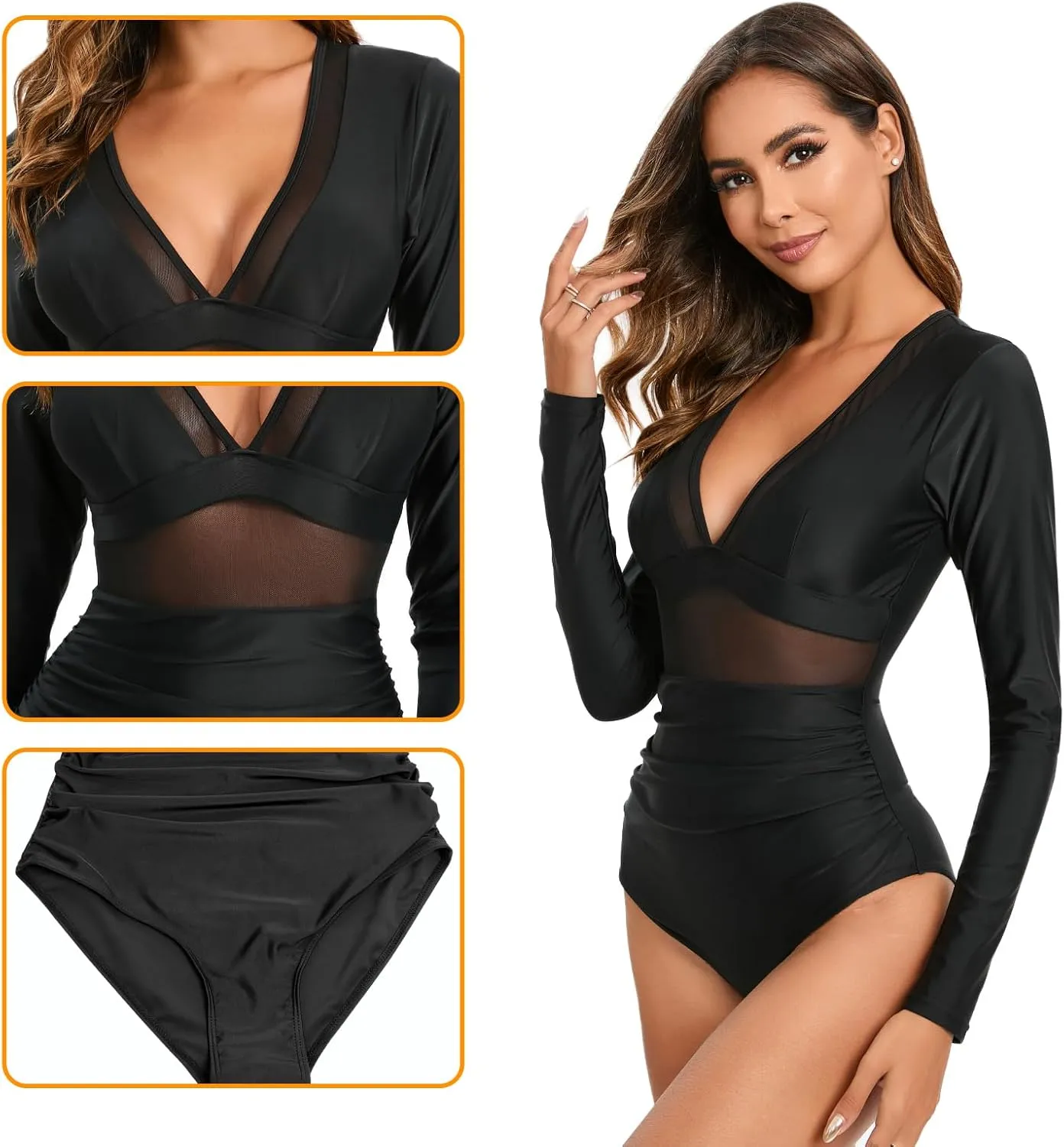 NESY Women's Long Sleeve Rash Guard Swimsuits One Piece Bathing Suit UV Protection Surfing Suit Zipper Printed Swimwear