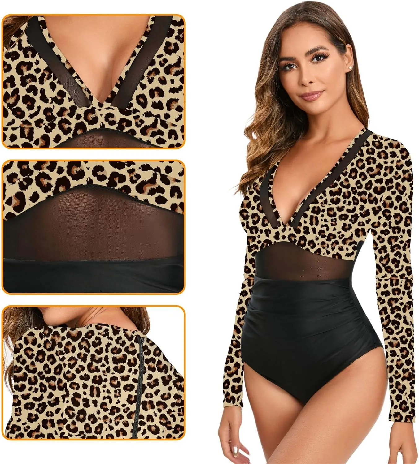 NESY Women's Long Sleeve Rash Guard Swimsuits One Piece Bathing Suit UV Protection Surfing Suit Zipper Printed Swimwear