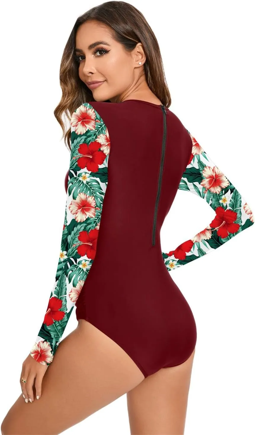 NESY Women's Long Sleeve Rash Guard Swimsuits One Piece Bathing Suit UV Protection Surfing Suit Zipper Printed Swimwear
