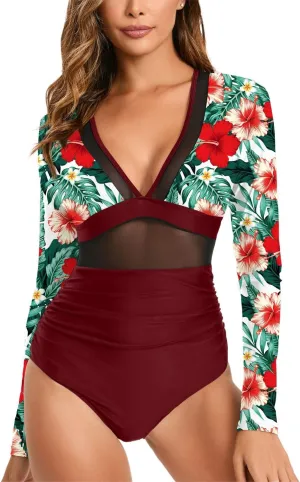 NESY Women's Long Sleeve Rash Guard Swimsuits One Piece Bathing Suit UV Protection Surfing Suit Zipper Printed Swimwear