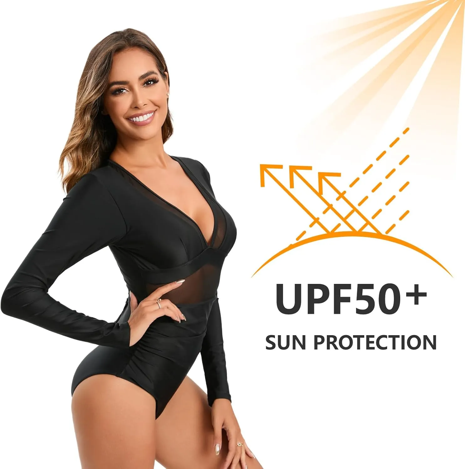 NESY Women's Long Sleeve Rash Guard Swimsuits One Piece Bathing Suit UV Protection Surfing Suit Zipper Printed Swimwear