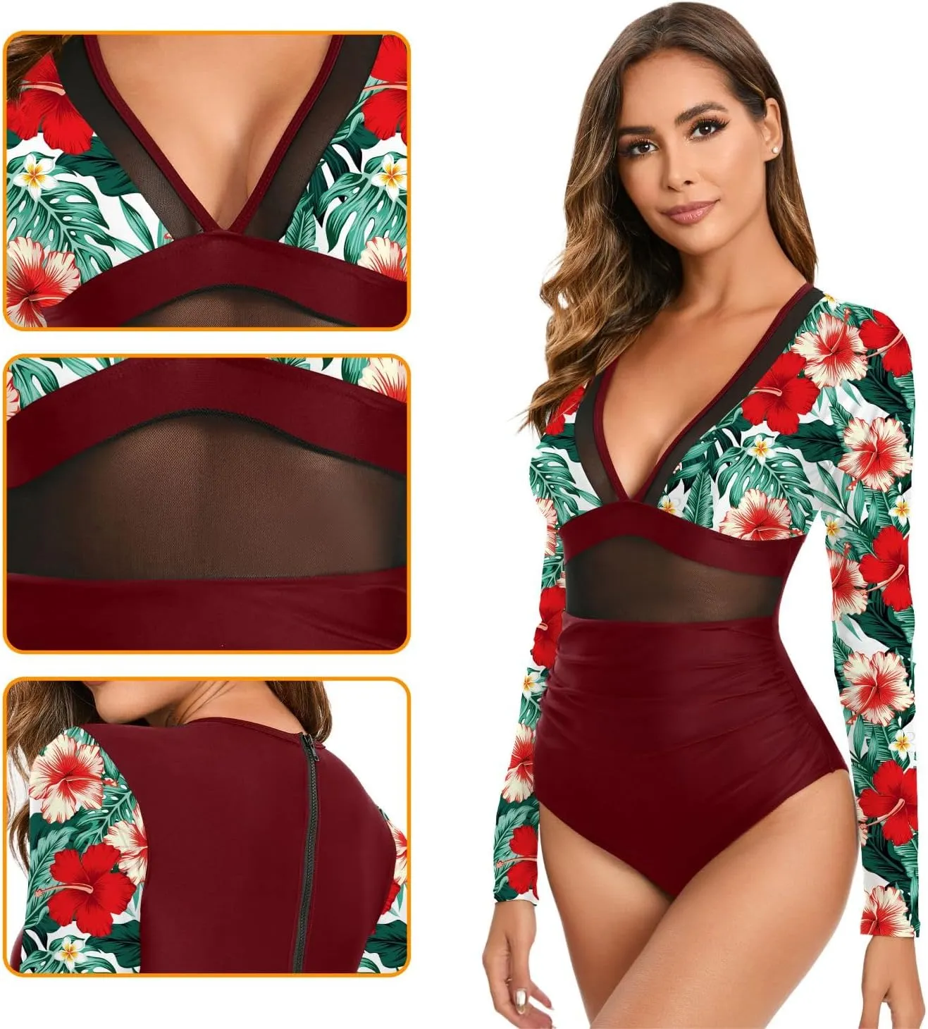 NESY Women's Long Sleeve Rash Guard Swimsuits One Piece Bathing Suit UV Protection Surfing Suit Zipper Printed Swimwear