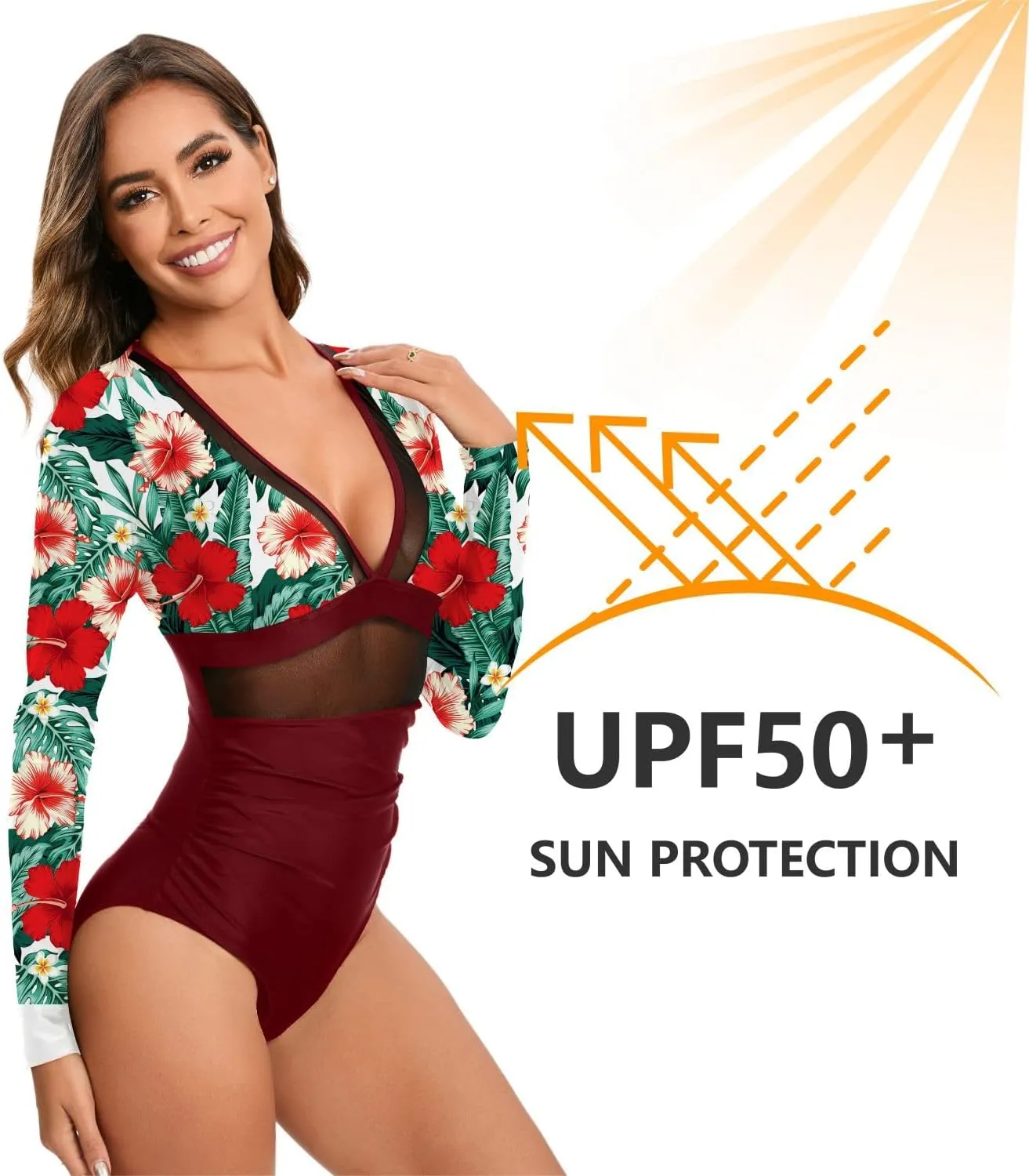 NESY Women's Long Sleeve Rash Guard Swimsuits One Piece Bathing Suit UV Protection Surfing Suit Zipper Printed Swimwear